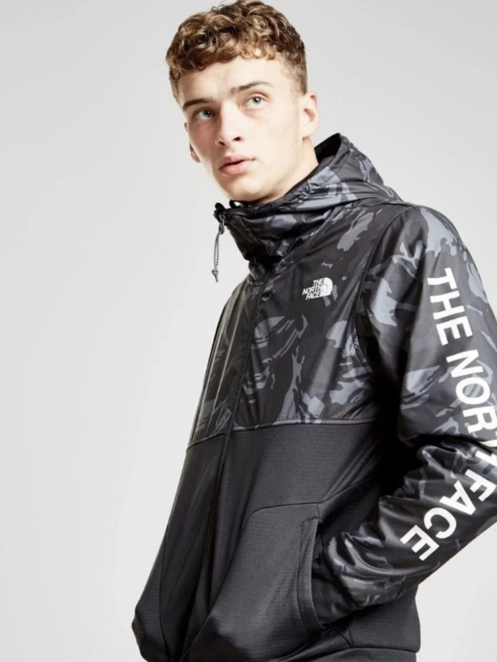 North Face Jacket Men’s Train N Logo Overlay Hooded Black Camouflage Large